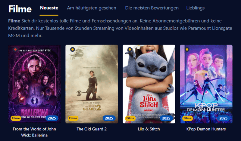 Screenshot der Benutzeroberfläche von Einschalten die eine moderne Streaming-Plattform mit Filmen und Serien zeigt